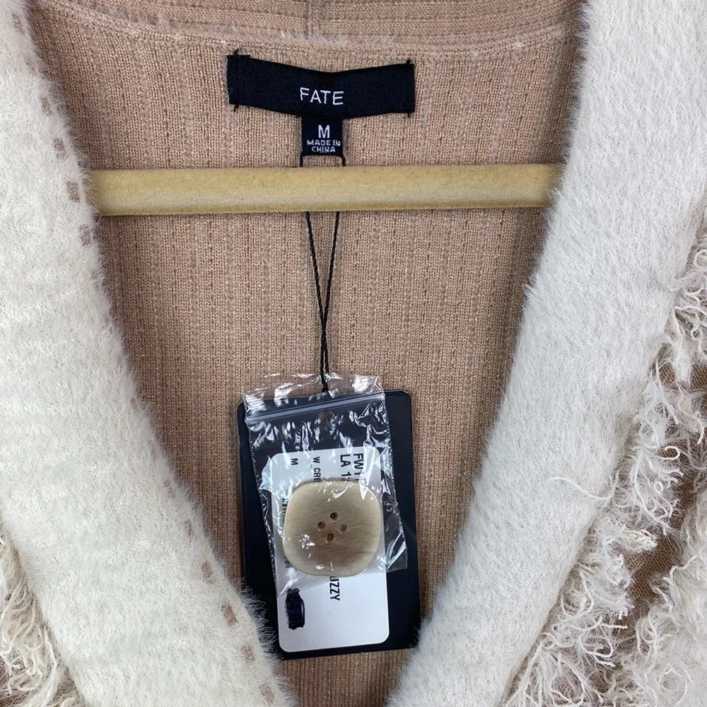NWT Fate | Beige & Cream Oversized Distressed Fuzzy Cardigan M - Picture 2 of 10